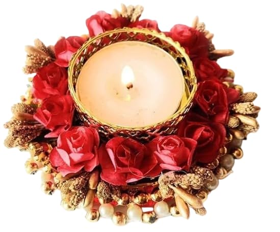 Rose Flower Tea Light Candle Holder, Housewarming Decor Traditional Diyas for Diwali, Indoor Home Mandir Puja Lamps 5 Pcs