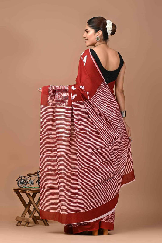 Gulmohar Grace Maroon Mulmul Cotton Saree-1