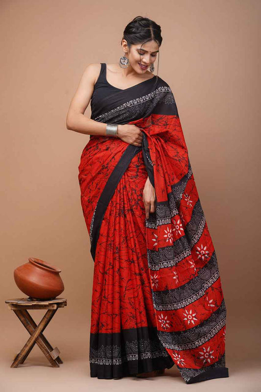 Raging Rouge Bagru Blaze Mulmul Cotton Saree-1