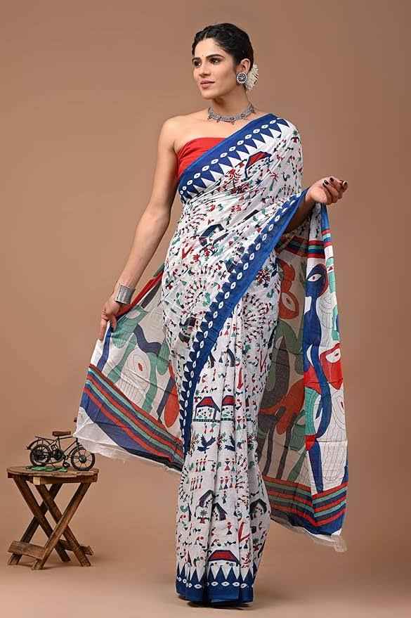 Ranglok Multicolor Tribal Art Mulmul Cotton Saree-3