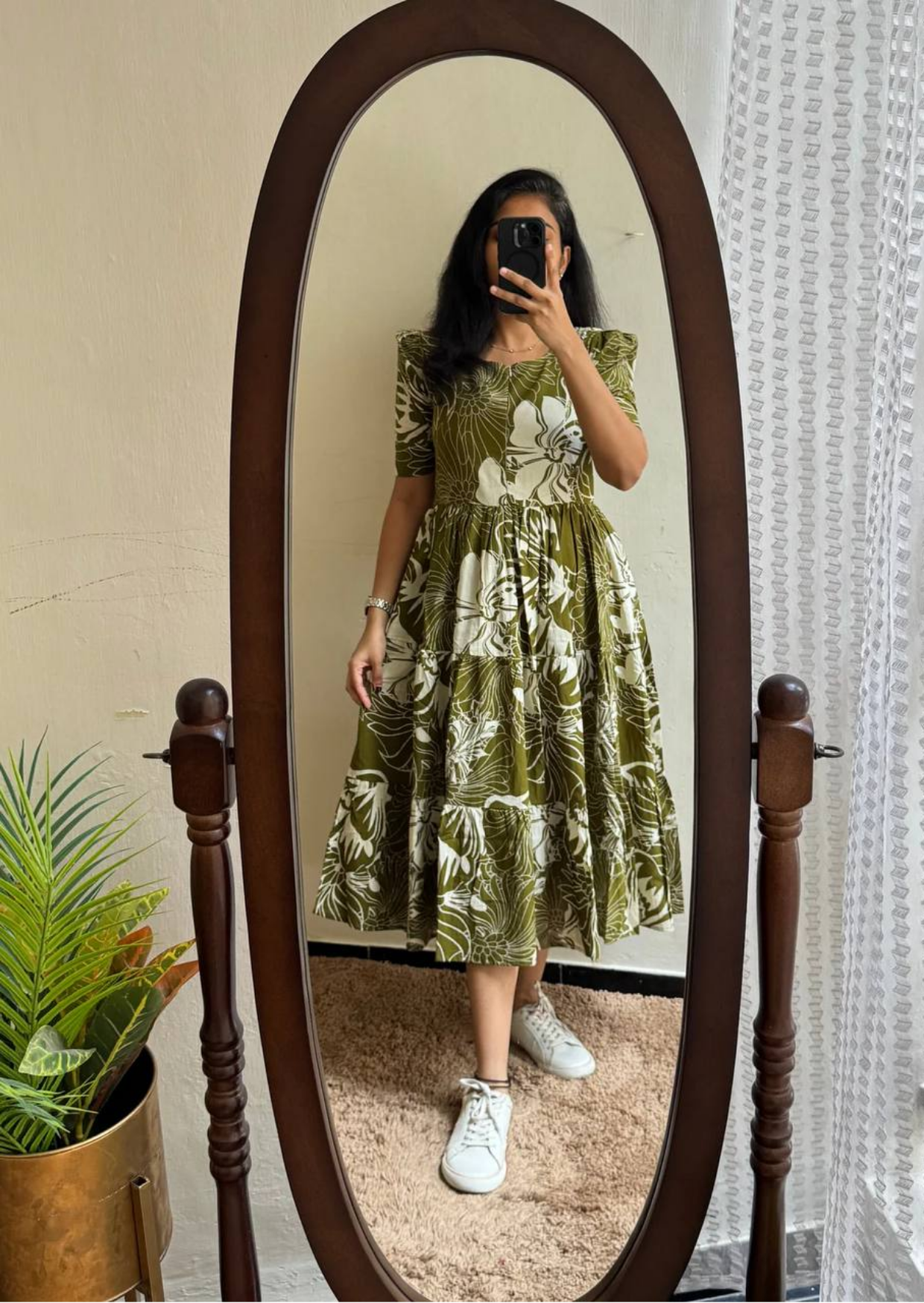 Olive Botanical Soft Cotton Midi Dress-0