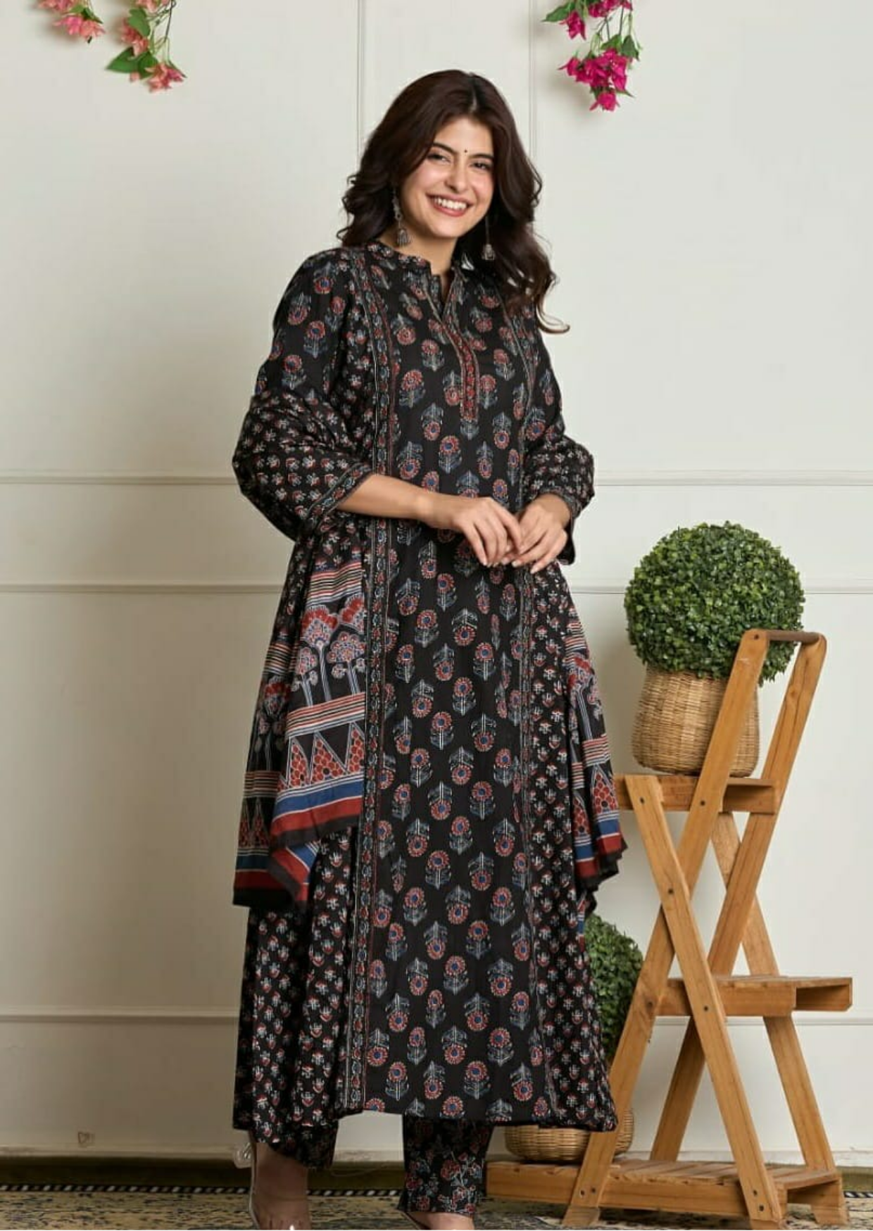 Black Ethnic Flair Printed Cotton Suit Set-0