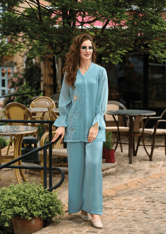 Aqua Grace Floral Silk Co-Ord Set-0