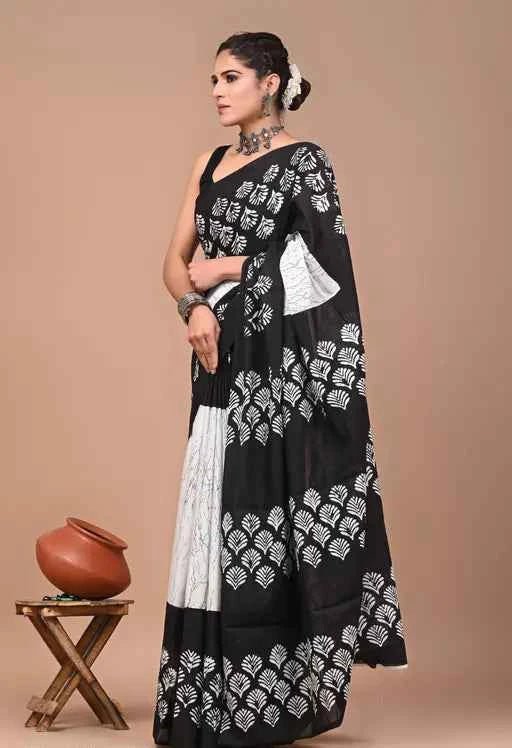 InkBloom Monochrome Mulmul Magic Saree-0
