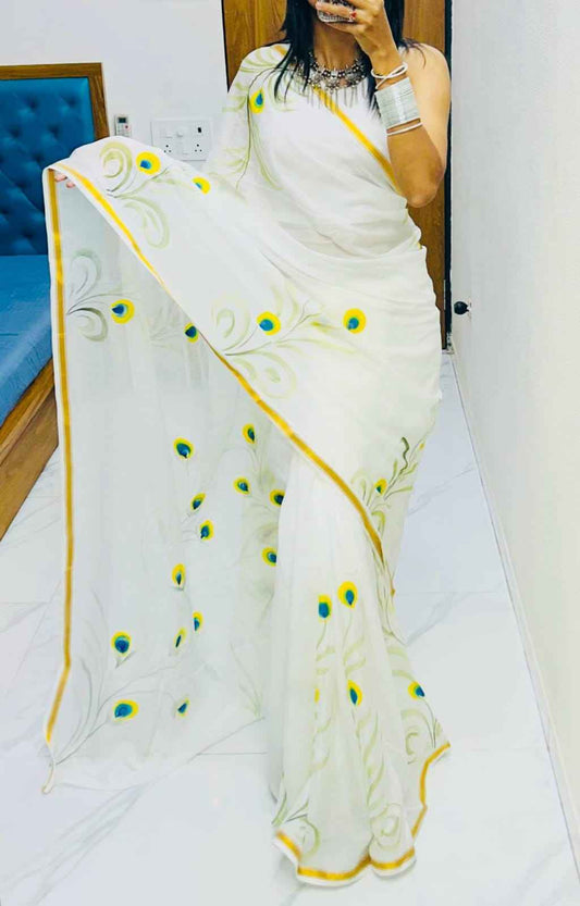 Morpakhi Handpainted Birla Cotton Saree with Golden Zari Border-0