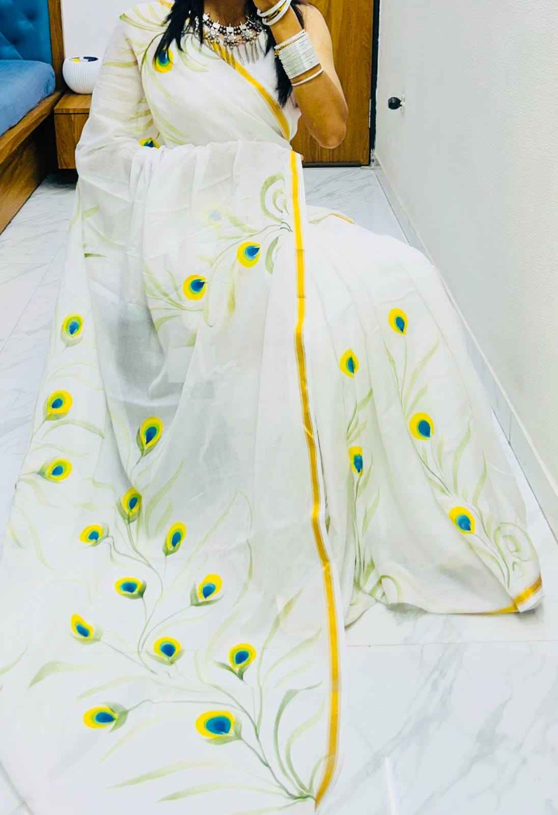 Morpakhi Handpainted Birla Cotton Saree with Golden Zari Border-2