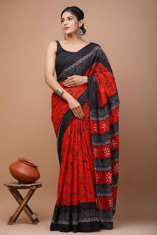 Raging Rouge Bagru Blaze Mulmul Cotton Saree-0
