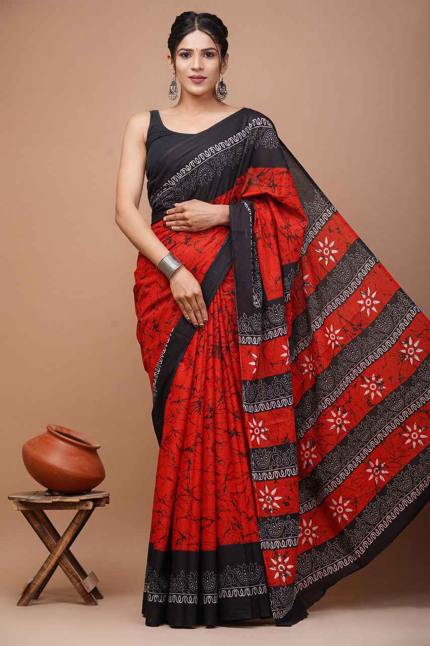 Raging Rouge Bagru Blaze Mulmul Cotton Saree-3
