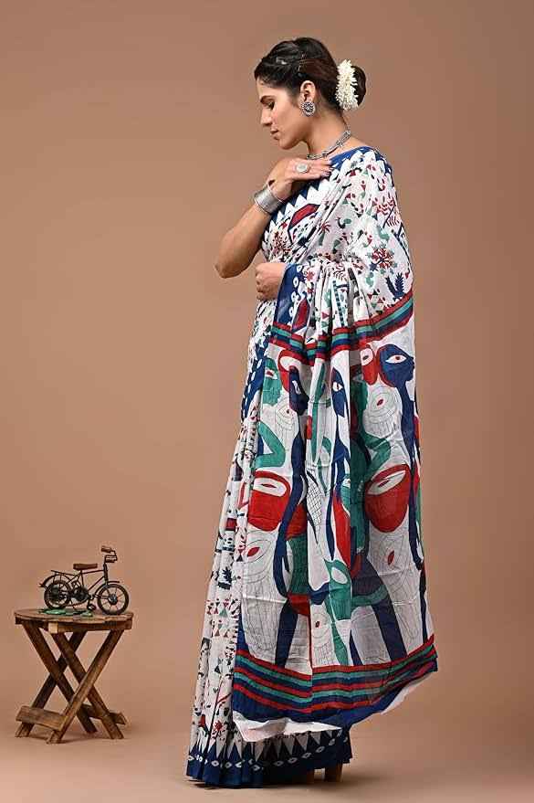 Ranglok Multicolor Tribal Art Mulmul Cotton Saree-2