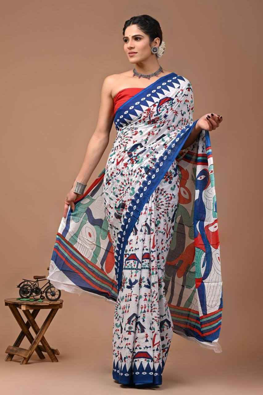 Ranglok Multicolor Tribal Art Mulmul Cotton Saree-0