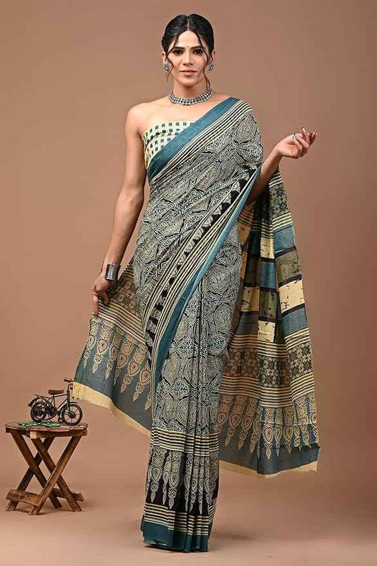 Royal Heritage Mosaic in Mulmul Saree-0