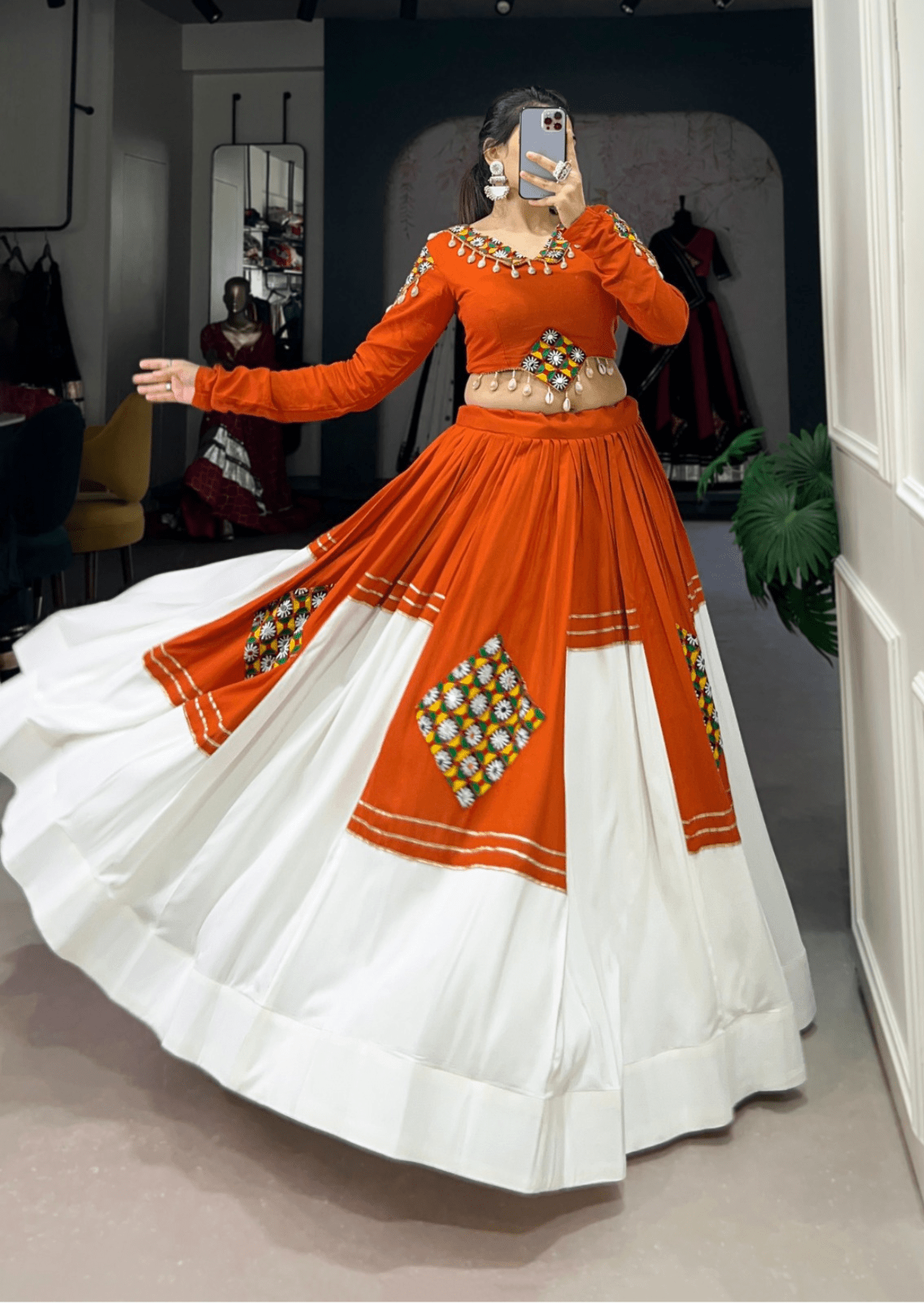 Rust & Ivory Mirror Work Lehenga Set-0